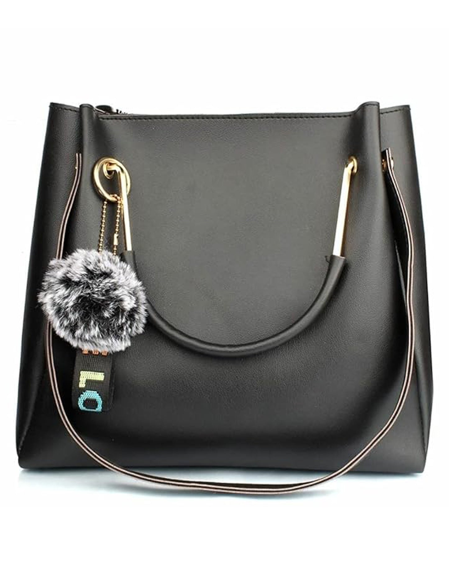 Elegant Black Faux Leather Handbag with Fur Charm – Classy & Functional