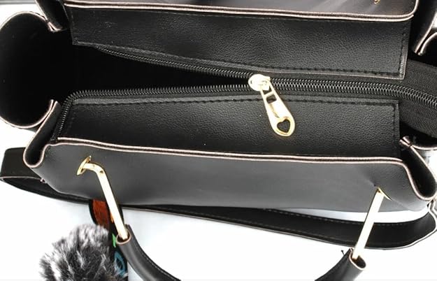 Elegant Black Faux Leather Handbag with Fur Charm – Classy & Functional