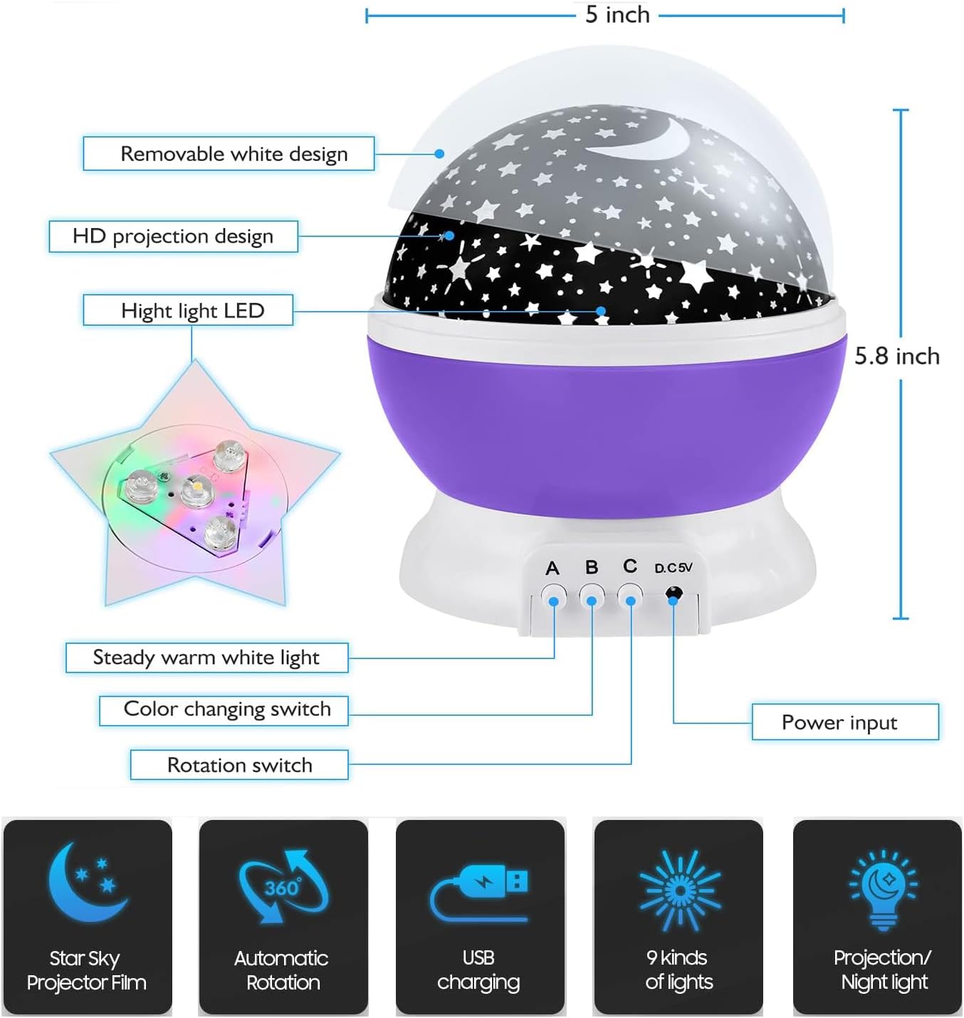 Romantic Sky Star Master Night Light Projector Children Kids Baby Sleep Lighting, 360° Rotating Starry Lamp