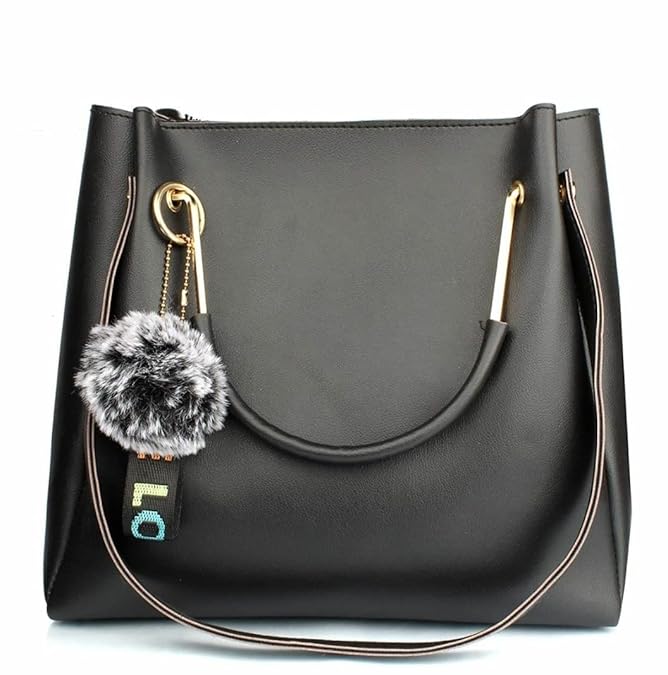 Elegant Black Faux Leather Handbag with Fur Charm – Classy & Functional
