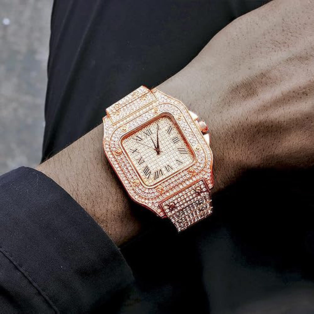 Elegant Square Dial Analog Watch – Diamond-Studded Brilliance