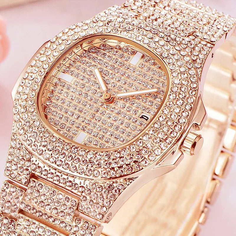Elegant Round Dial Analog Watch – Diamond-Studded Brilliance
