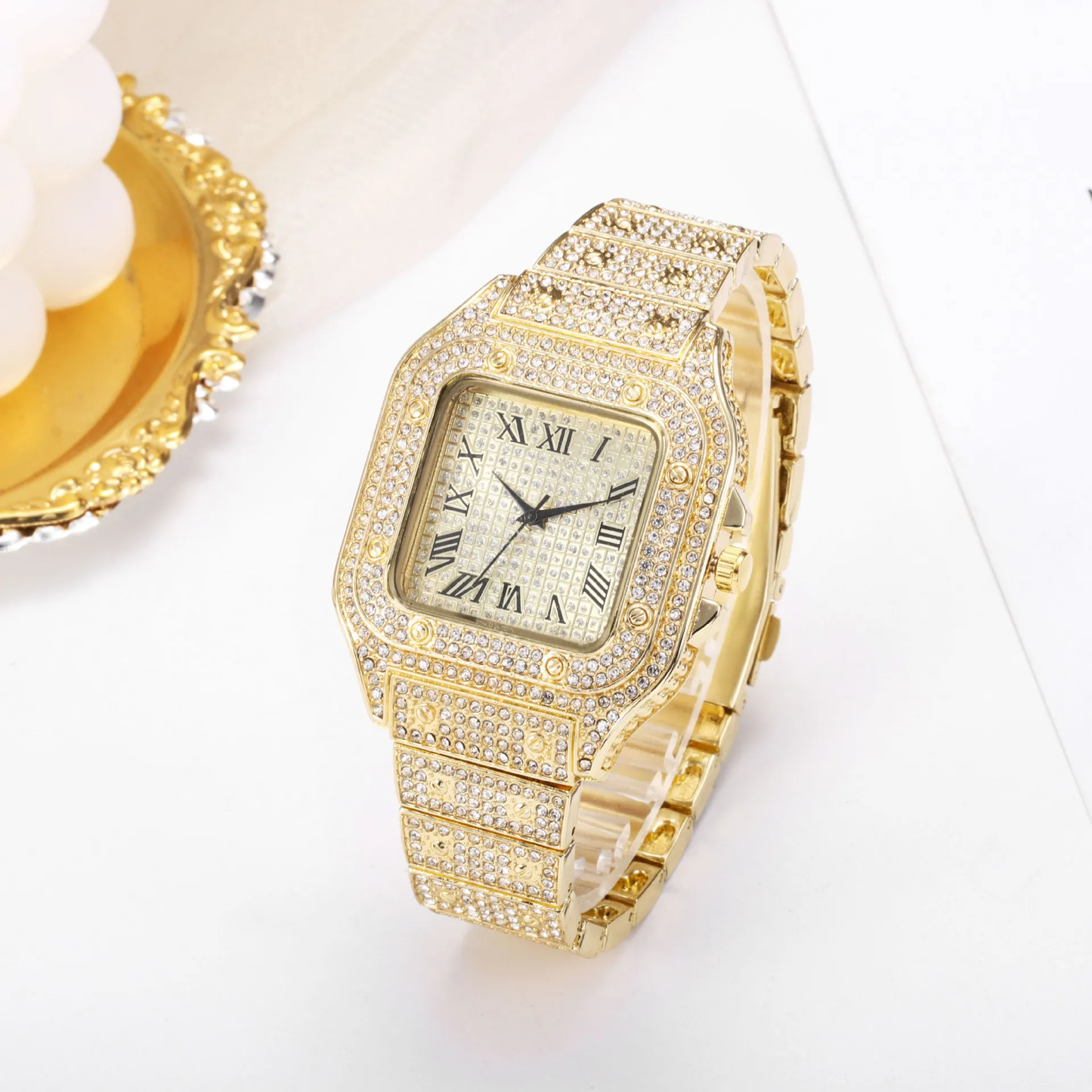 Elegant Square Dial Analog Watch – Diamond-Studded Brilliance