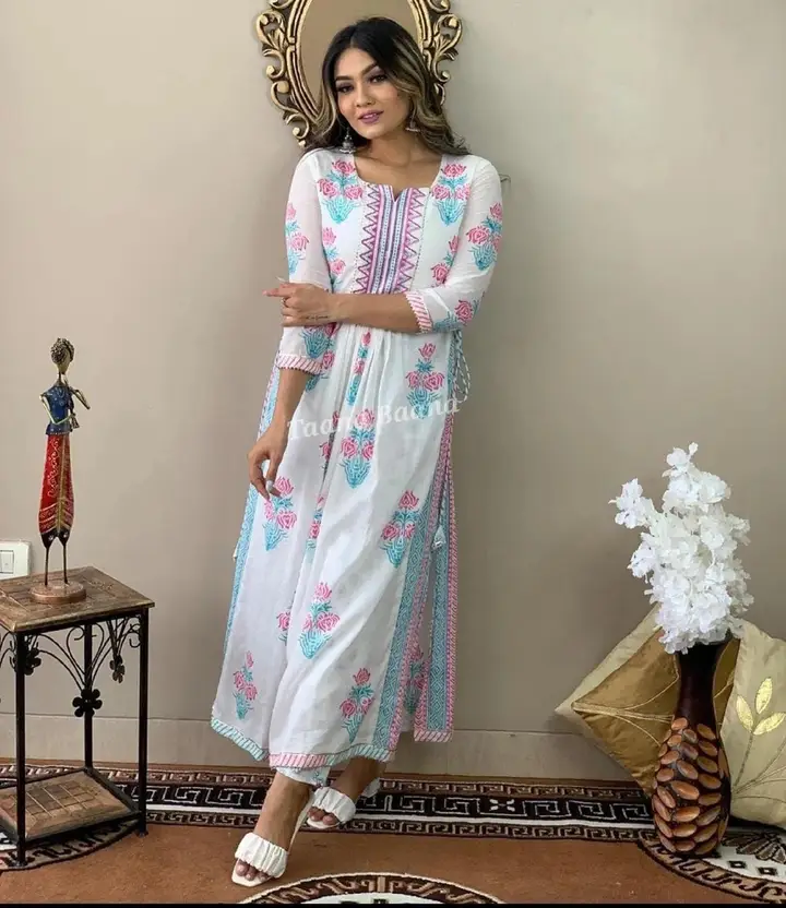 Elegant White & Pastel Floral Printed Kurti Set