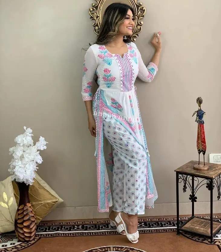 Elegant White & Pastel Floral Printed Kurti Set