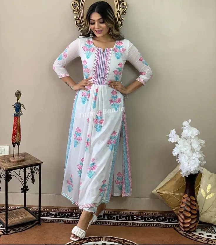 Elegant White & Pastel Floral Printed Kurti Set