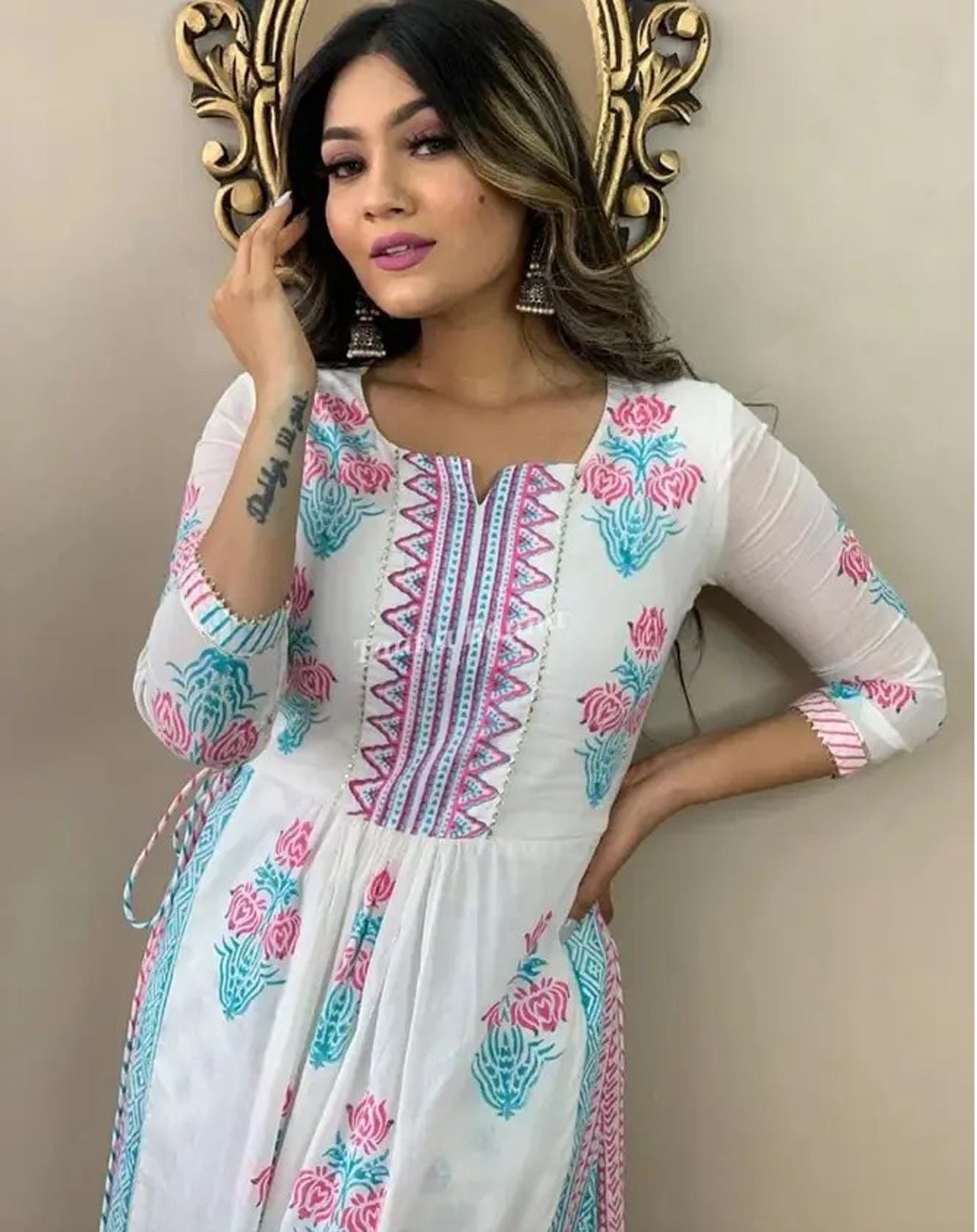 Elegant White & Pastel Floral Printed Kurti Set