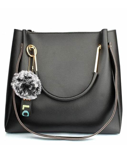 Elegant Black Faux Leather Handbag with Fur Charm – Classy & Functional